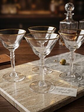 Vintage Gold Rimmed Crystal Stem Glasses – Set of 4 | Ornate Stemware